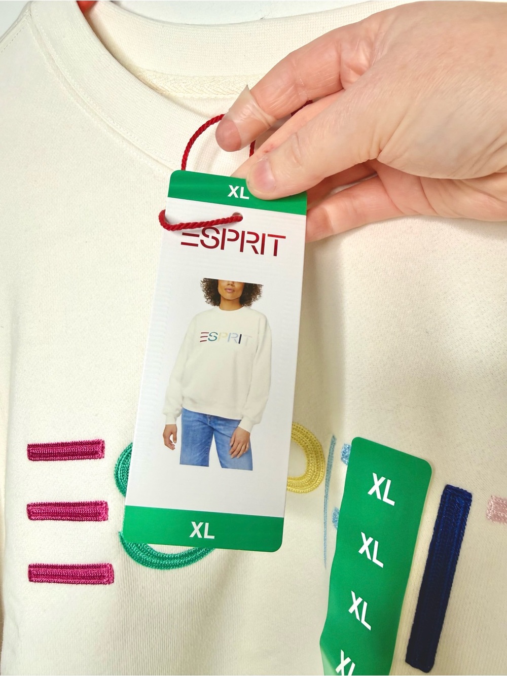 Esprit Retro 80s Cream Embroidered Rainbow Logo Viral Crewneck Sweatshirt XL NWT - Picture 8 of 14